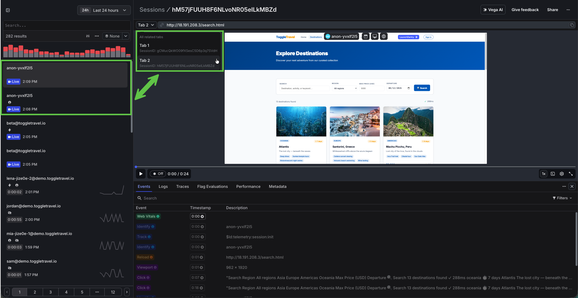 Session detail header showing total length versus active time across multiple page views