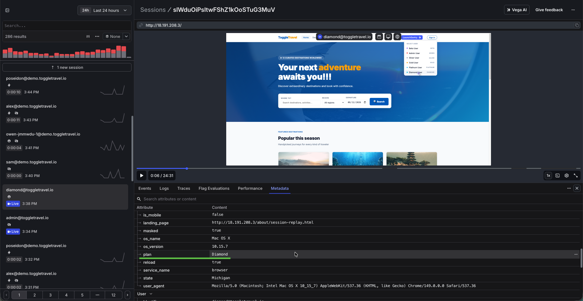 Session detail pane showing plan, persona, and personaEmail properties with track-event markers on the timeline