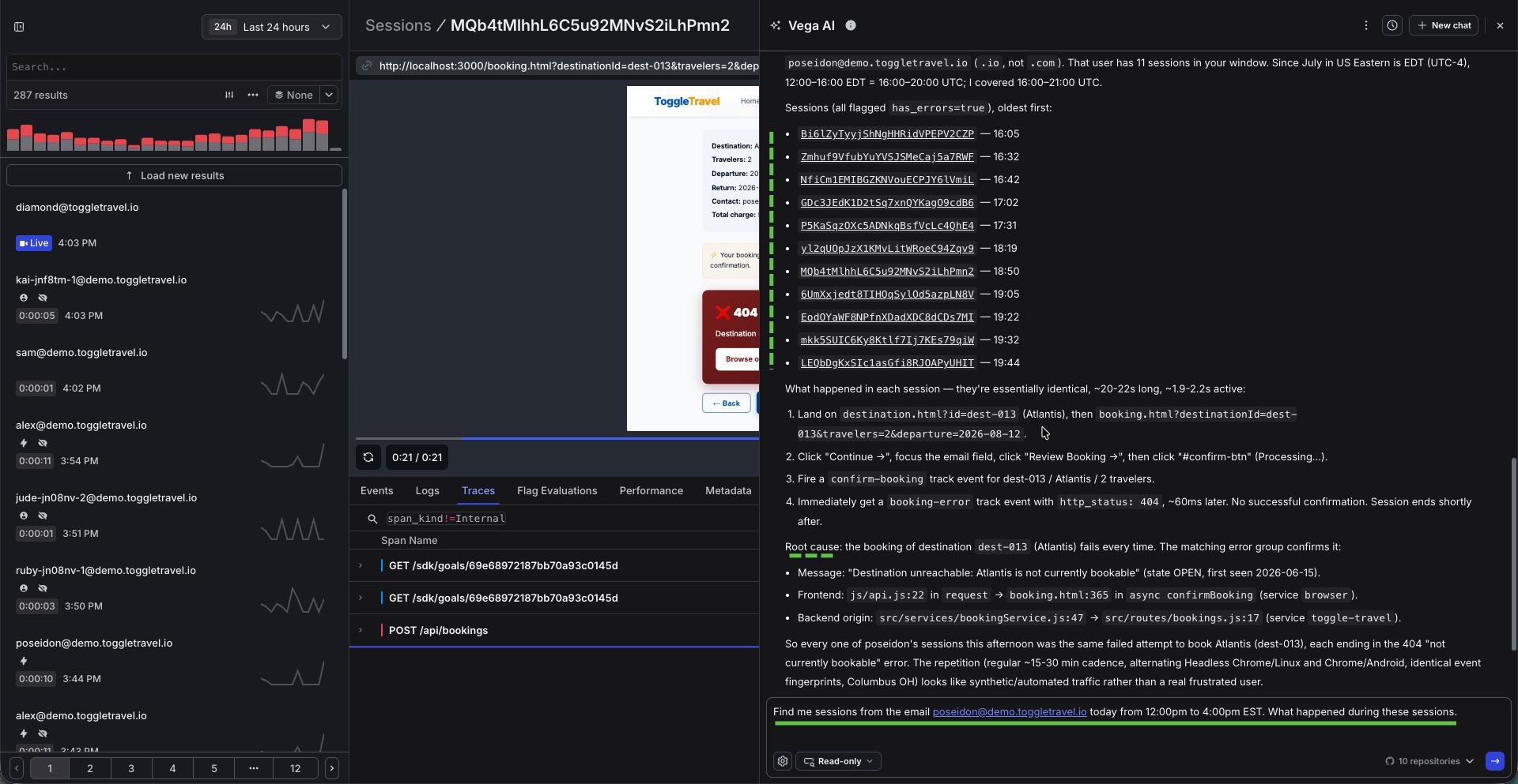 Vega AI in the Sessions view answering a plain-English question with linked session replays and a root cause
