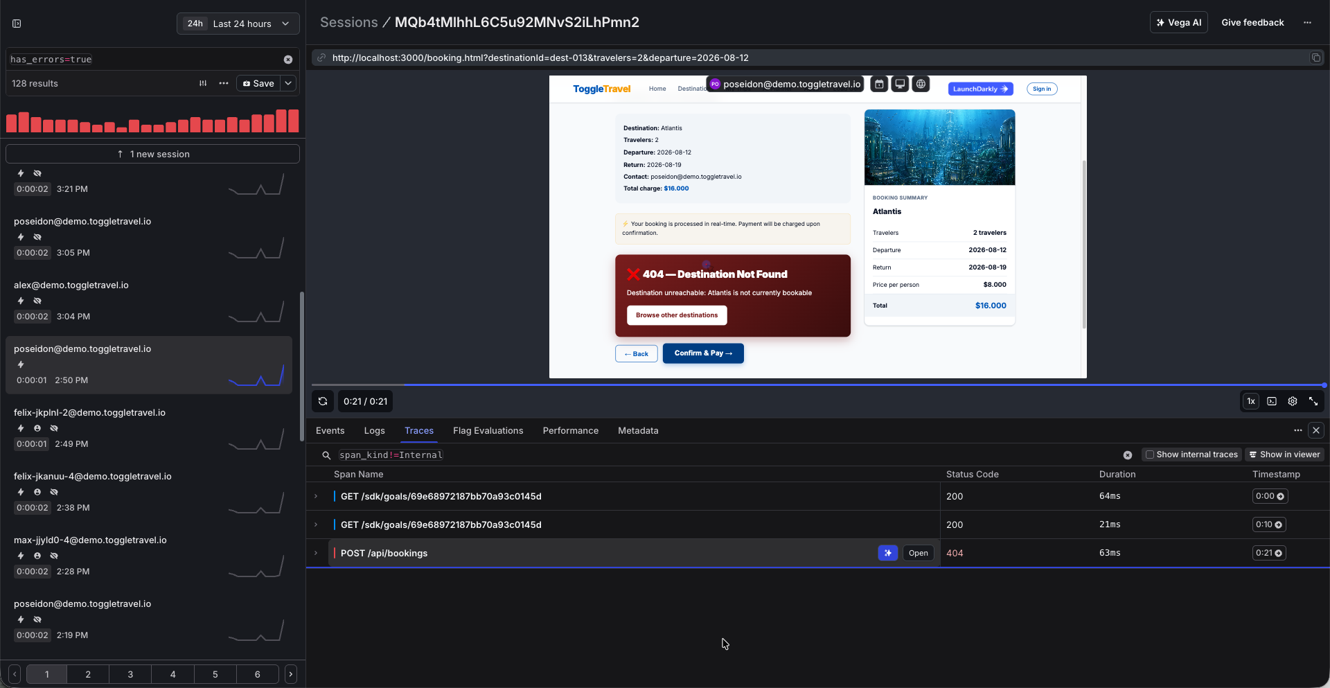 Session player mid-playback with timeline markers for clicks, errors, and track events